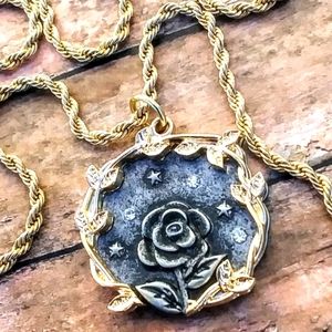 Sparkling Slvr & Gld ROSE Pendant Necklace